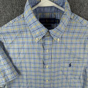 Ralph Lauren Button Up Shirt Short Sleeve Cotton Blue Yellow Check Medium Slim